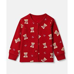 Babyhug Cotton Mix Knit Full Sleeves Vest and Pant Thermal Inner Wear Set with Full Length and Bear Print in Maroon
