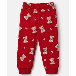 Babyhug Cotton Mix Knit Full Sleeves Vest and Pant Thermal Inner Wear Set with Full Length and Bear Print in Maroon