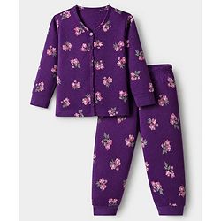 Babyhug Cotton Mix Knit Full Sleeves Floral Printed Thermal Inner Wear Set - Purple