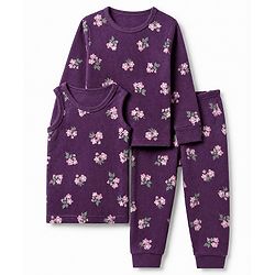 Babyhug Cotton Mix Knit Full Sleeves Thermal Inner Wear Set with Floral Print in Purple