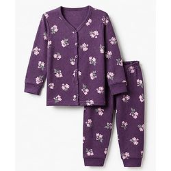 Babyhug Cotton Mix Knit Full Sleeves Thermal Inner Wear Set with Floral Print in Purple