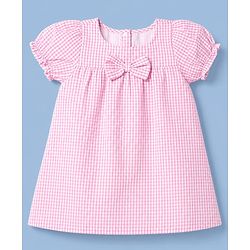 Babyhug Woven Half Puffed Sleeves Checkered Frock with Bloomer & Headband - Pink