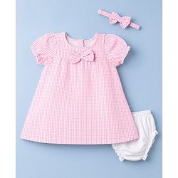Babyhug Woven Half Puffed Sleeves Checkered Frock with Bloomer & Headband - Pink