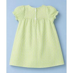 Babyhug Cotton Woven Half Sleeves Checked Frock with Bloomer & Bow Applique - Green