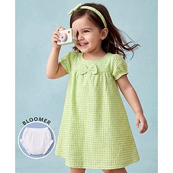 Babyhug Cotton Woven Half Sleeves Checked Frock with Bloomer & Bow Applique - Green