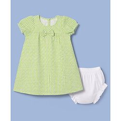 Babyhug Cotton Woven Half Sleeves Checked Frock with Bloomer & Bow Applique - Green