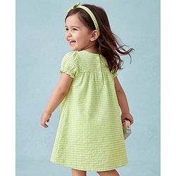 Babyhug Cotton Woven Half Sleeves Checked Frock with Bloomer & Bow Applique - Green