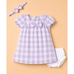 Babyhug Woven Half Puffed Sleeves Checkered Frock with Bloomer & Headband - Lavender