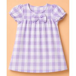 Babyhug Woven Half Puffed Sleeves Checkered Frock with Bloomer & Headband - Lavender