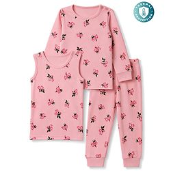 Babyhug Knit Full Sleeves Floral Printed Pullover Vest & Leggings Thermal Inner Wear Set - Pink