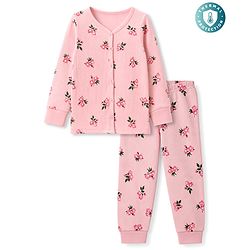Babyhug Cotton Knit Full Sleeves Floral Printed Co-Ords Front Open Top & Leggings Thermal Inner Wear Set - Pink