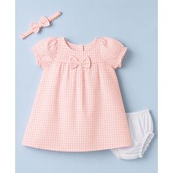 Babyhug Woven Half Sleeves Checked Frock With Bloomer & Bow Applique & Headband - Peach