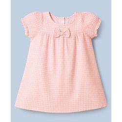Babyhug Woven Half Sleeves Checked Frock With Bloomer & Bow Applique & Headband - Peach