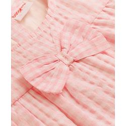 Babyhug Woven Half Sleeves Checked Frock With Bloomer & Bow Applique & Headband - Peach