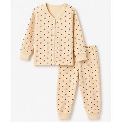 Babyhug Cotton Mix Knit Full Sleeves Vest and Pant Thermal Set with Full Length and Star Print in Light Peach