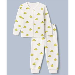 Babyhug Knit Full Sleeves Vest and Pant with Dinosaur Print - Offwhite