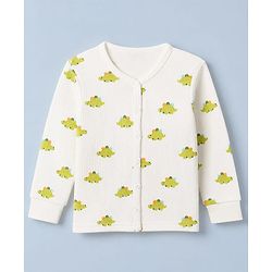Babyhug Knit Full Sleeves Vest and Pant with Dinosaur Print - Offwhite
