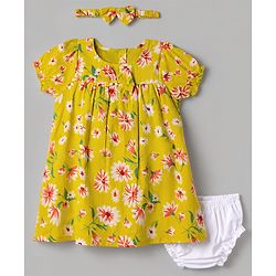 Babyhug 100% Cotton Woven Half Sleeves Floral Printed Dress with Bloomer & Head Band - Lime Green