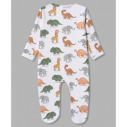 Babyhug 100% Cotton Knit Full Sleeves Footed Sleepsuit with Dino Print - White