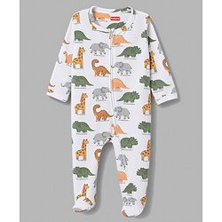 Babyhug 100% Cotton Knit Full Sleeves Footed Sleepsuit with Dino Print - White