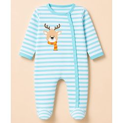 Babyhug 100% Cotton Knit Full Sleeves Striped Sleepsuit with Deer Print - Sky Blue