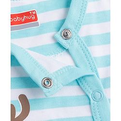 Babyhug 100% Cotton Knit Full Sleeves Striped Sleepsuit with Deer Print - Sky Blue