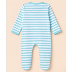 Babyhug 100% Cotton Knit Full Sleeves Striped Sleepsuit with Deer Print - Sky Blue