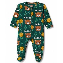 Babyhug 100% Cotton Knit Full Sleeves Footed Sleepsuit with Bear Print - Green
