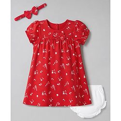 Babyhug Cotton Woven Frock, Bloomer and Headband with Half  Sleeves and Floral Print - Red