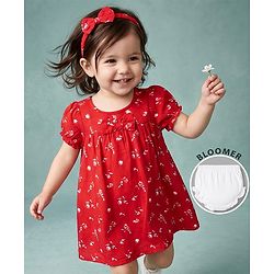 Babyhug Cotton Woven Frock, Bloomer and Headband with Half  Sleeves and Floral Print - Red
