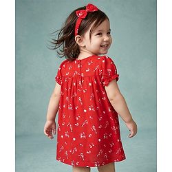 Babyhug Cotton Woven Frock, Bloomer and Headband with Half  Sleeves and Floral Print - Red