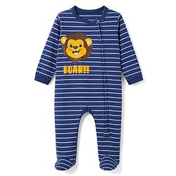 Babyhug 100% Cotton Knit Full Sleeves Striped Sleepsuit with Roar Lion Print - Navy Blue