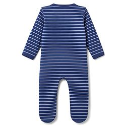 Babyhug 100% Cotton Knit Full Sleeves Striped Sleepsuit with Roar Lion Print - Navy Blue