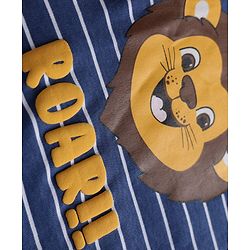 Babyhug 100% Cotton Knit Full Sleeves Striped Sleepsuit with Roar Lion Print - Navy Blue