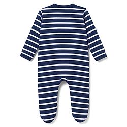 Babyhug 100% Cotton Knit Full Sleeves Striped Sleepsuit with Lion Print - Navy Blue