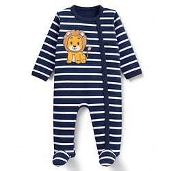 Babyhug 100% Cotton Knit Full Sleeves Striped Sleepsuit with Lion Print - Navy Blue