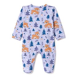 Babyhug 100% Cotton Knit Full Sleeves Footed Sleepsuit with Cub Print - Lavender