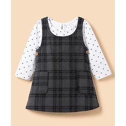 Babyhug Woven Frock With Full Sleeves Heart Printed Inner Tee - Grey