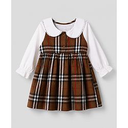 Babyhug Cotton Woven Frock with Full Sleeves and Checked Print in Brown