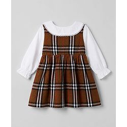 Babyhug Cotton Woven Frock with Full Sleeves and Checked Print in Brown