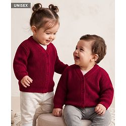 Babyhug Knit Full Sleeves Solid Colour Front Open Sweater - Maroon