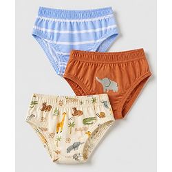 Babyhug 100% Cotton Single Jersey Knit Briefs with Elephant & Striped Giraffe Print Pack of 3 in Brown Cream & Blue