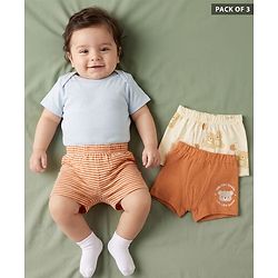 Babyhug 100% Cotton Single Jersey Knit Antibacterial Striped Trunks With Teddy Print Pack of 3 - OffWhite, Orange & Rust Orange