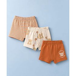 Babyhug 100% Cotton Single Jersey Knit Antibacterial Striped Trunks With Teddy Print Pack of 3 - OffWhite, Orange & Rust Orange