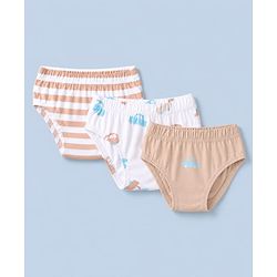 Babyhug 100% Cotton Single Jersey Knit Antibacterial Striped Briefs With Car Print Pack of 3 - Light Brown & White