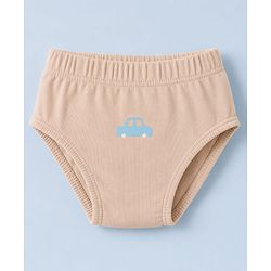 Babyhug 100% Cotton Single Jersey Knit Antibacterial Striped Briefs With Car Print Pack of 3 - Light Brown & White