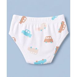 Babyhug 100% Cotton Single Jersey Knit Antibacterial Striped Briefs With Car Print Pack of 3 - Light Brown & White