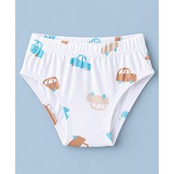 Babyhug 100% Cotton Single Jersey Knit Antibacterial Striped Briefs With Car Print Pack of 3 - Light Brown & White
