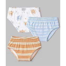 Babyhug 100% Cotton Single Jersey Knit Striped Antibacterial Briefs with Bear & Star Print Pack of 3 - White, Light Brown, Light Blue