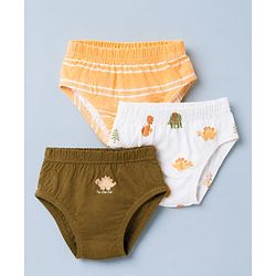 Babyhug 100% Cotton Single Jersey Knit Antibacterial Briefs with Stripes & Dinosaur Print Pack of 3 - Yellow White & Olive Green